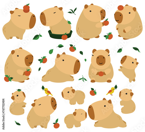 Capybara cute on a white background, vector illustration. Cutie funny capybara cartoon portrait, full face.Trendy animal. For printing on fabric, postcard, wrapping paper, kids party, baby shower,art
