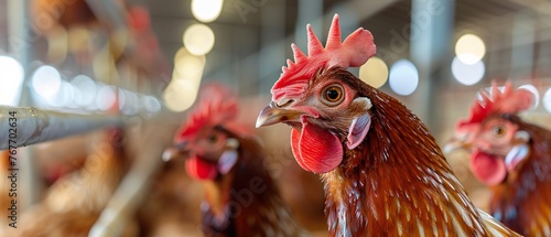 A group of chickens are standing in a pen. One of the chickens has a red beak