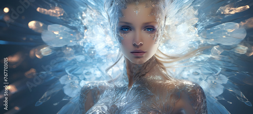 holy female angel with glittercore skin and filigree transparent metallic blue flowers, ai generative photo