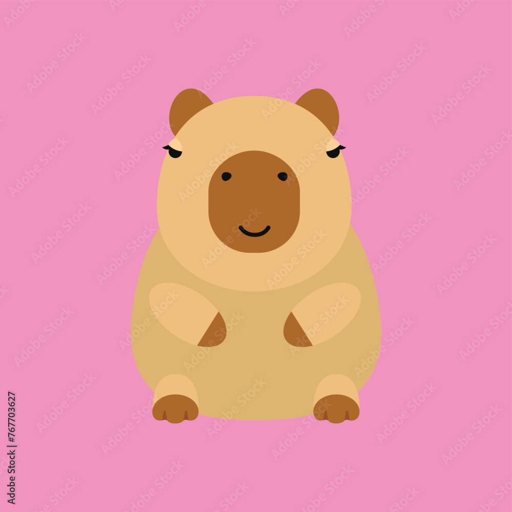 Fototapeta premium Capybara cute on a white background, vector illustration. Cutie funny capybara cartoon portrait, full face.Trendy animal. For printing on fabric, postcard, wrapping paper, kids party, baby shower,art