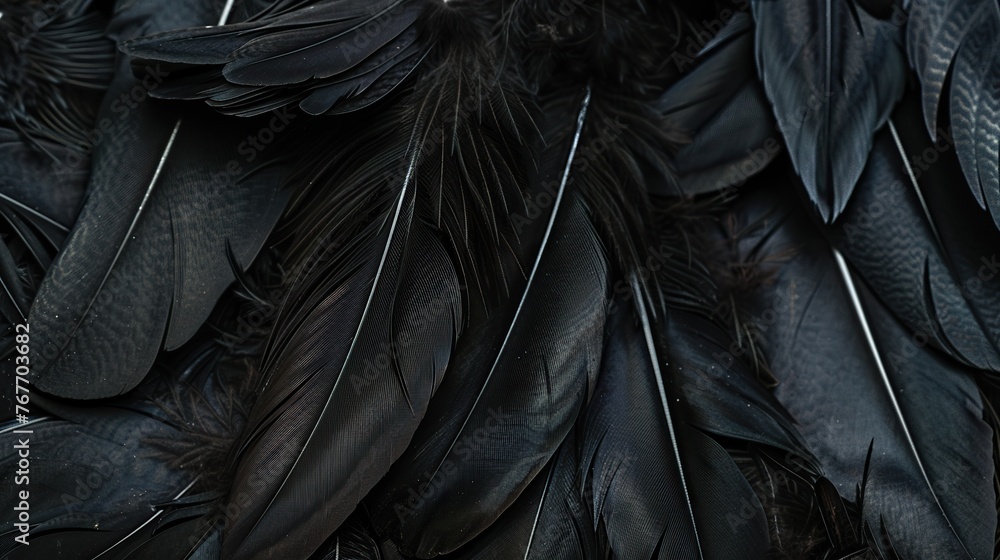 Obraz premium A close up of black feathers, with the focus on the intricate details of the feathers. The black color of the feathers creates a mood of darkness and mystery