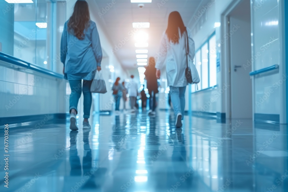A hospital hallway with people sitting in chairs. Health care concept A hospital hallway with people sitting in chairs. Health care concept