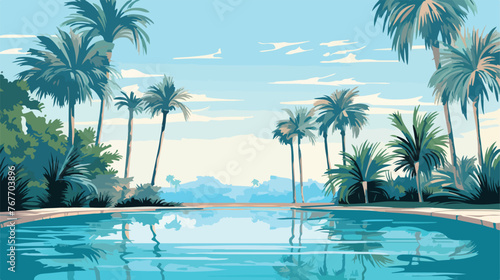 Tranquil Oasis Palm Trees Frame Clear Blue Poolside 