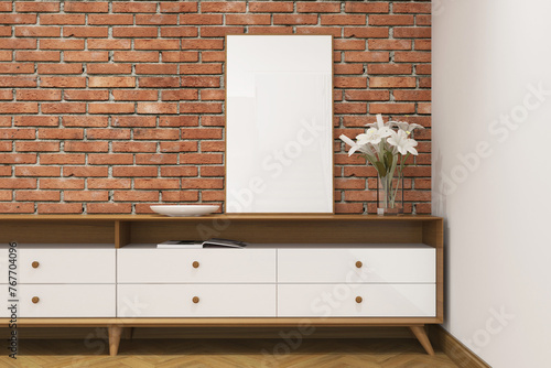 3d rendering of interior space with credenza and frame mockup. Red brick wall and heringbone parquet floor background. Set 10 photo