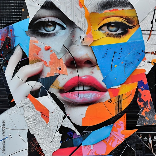 A woman's face is cut up into different pieces and pasted together. The image is a collage of different colors and textures, with a focus on the woman's eyes. Scene is playful and whimsical © Image-Love