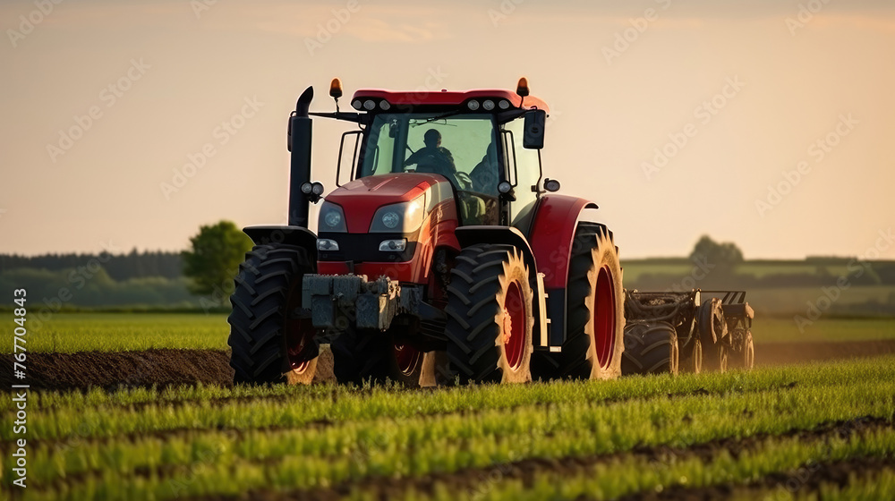 Naklejka premium The Power of Modern Farming: Tractor at Sunset