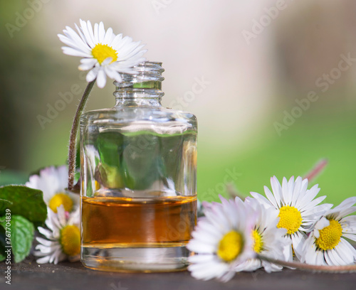 bottles of essential oil and daisies with fresh mint leaf on a wooden table  ...