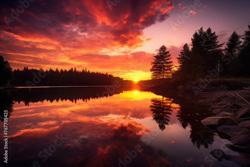 Breathtaking Sunset Reflection over Tranquil Lake