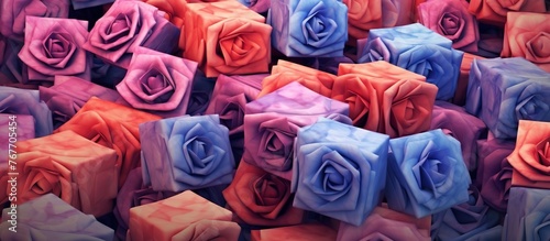 colorful rose flower camouflage portrait of abstract cubes on isolated background for wedding invitation or gift card.