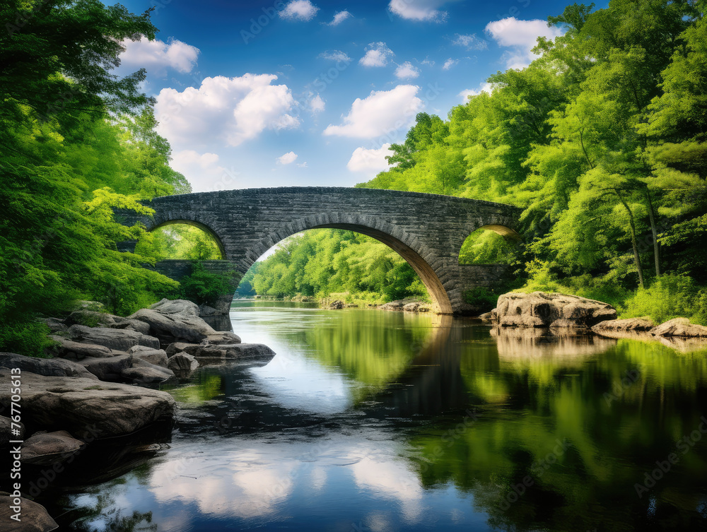Tranquil River Scene with Stone Arch Bridge