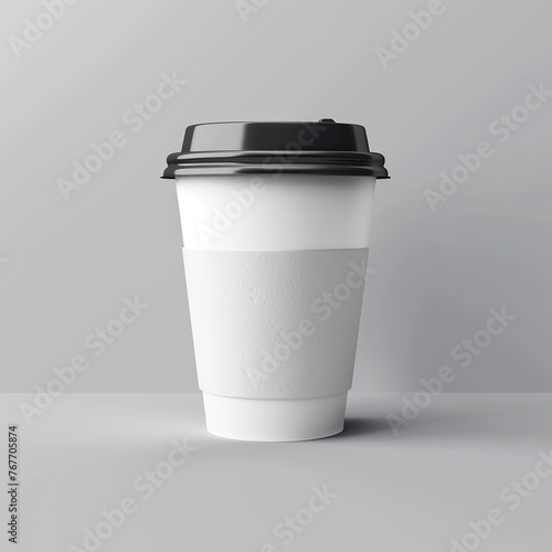A white coffee cup with a black lid and a white sleeve. The cup is sitting on a gray surface photo