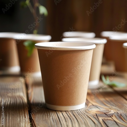 A row of brown paper cups sit on a wooden table. The cups are all the same size and shape, and they are all empty. The table is made of wood and has a natural, rustic feel to it