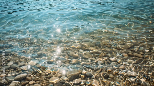 The water is clear and calm, with small rocks scattered throughout. The reflection of the sky and the sun on the water creates a serene and peaceful atmosphere