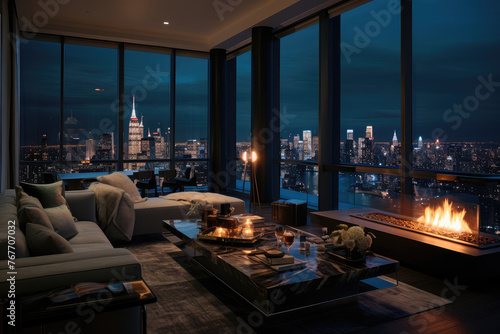 Elegant Penthouse Living Room with Breathtaking City Night View © evening_tao
