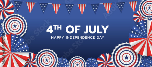4th of july, happy independence day - Text in frame with party supplies red white blue paper fans and usa pennant flags around on blue background vector design