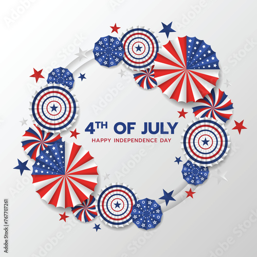 4th of july, happy independence day - Text in circle frame with party supplies red white blue paper fans and star around vector design