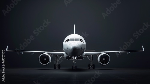 A white airplane is parked on the runway. The image has a moody, dark atmosphere. The airplane is the main focus of the image, and it is the only object in the scene photo
