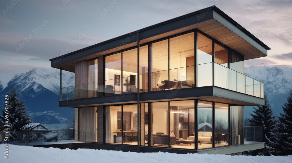 Luxurious Modern Home Against Winter Mountain Backdrop Luxurious Modern Home Against Winter Mountain Backdrop