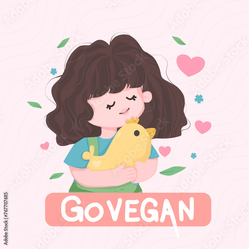 Kind children hug small baby animals and shows their love to them. Nature respect concept and vegan lifestyle illustration vector file.