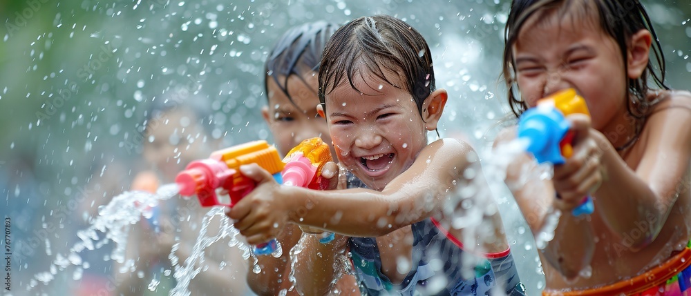 Three children are playing with water guns in a pool. They are all smiling and having fun. Scene is joyful and playful Songkran