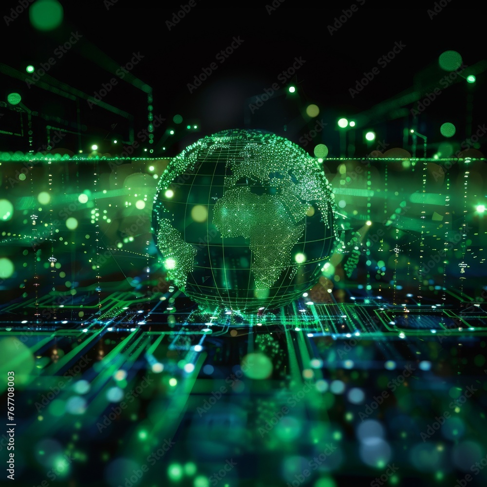 Global economy network hologram, green data streams, digital Earth, sustainability focus
