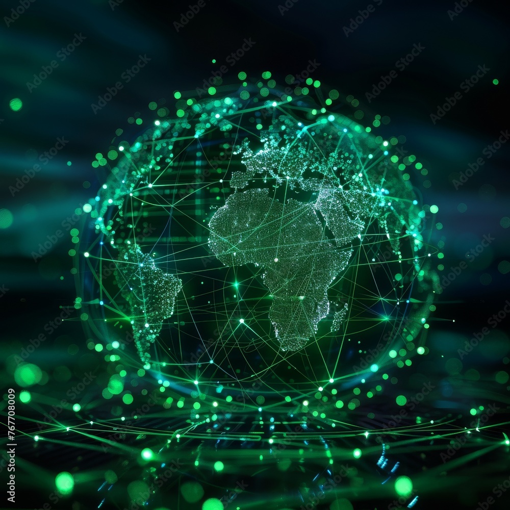 Global economy network hologram, green data streams, digital Earth, sustainability focus Global economy network hologram, green data streams, digital Earth, sustainability focus
