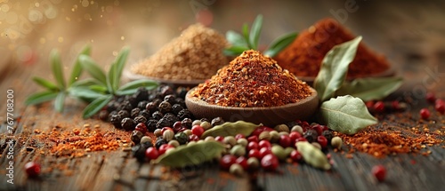 A variety of spices are displayed on a wooden table. The spices include pepper  cumin  and parsley