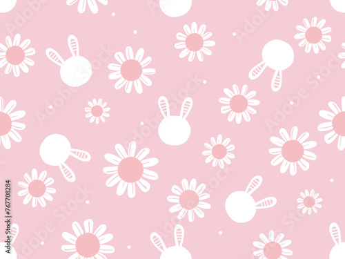 Seamless pattern with bunny rabbit cartoons and cute flower on pink background vector. © Thanawat