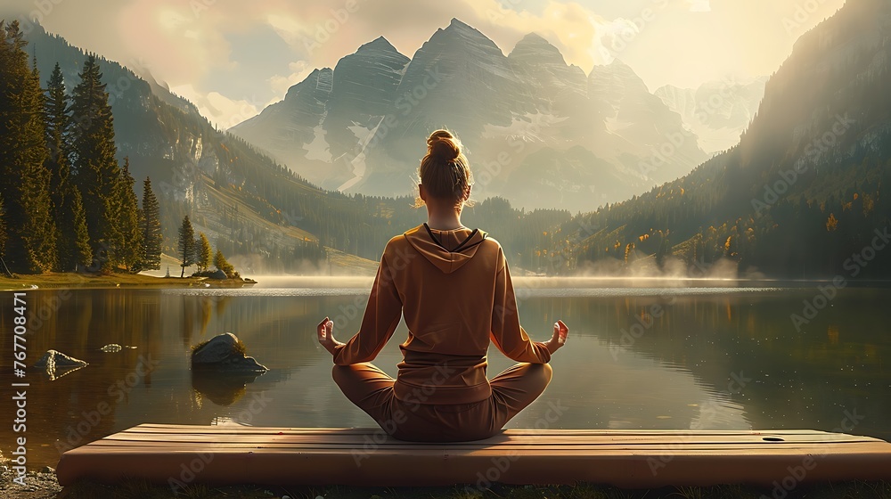 Young woman doing yoga in the morning park near the beautiful lake - AI generated Young woman doing yoga in the morning park near the beautiful lake - AI generated