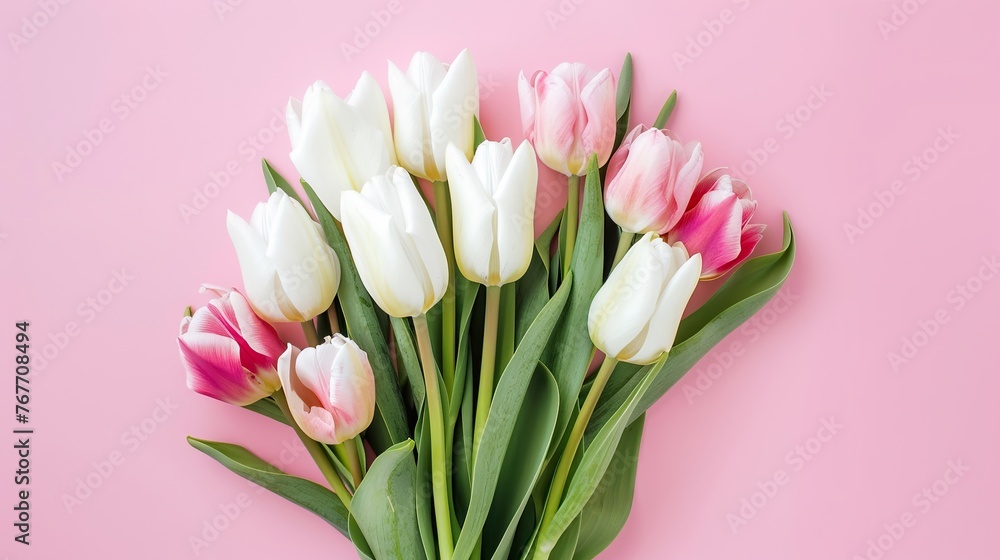 A bouquet of white and pink tulips on a pink background. The flowers are arranged in a way that they are all facing the same direction, creating a sense of unity and harmony A bouquet of white and pink tulips on a pink background. The flowers are arranged in a way that they are all facing the same direction, creating a sense of unity and harmony