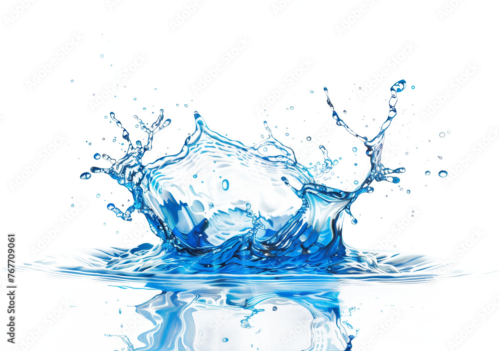 High-Speed Capture: Illustrate the moment of impact where the blue water splash is frozen in time, capturing the fluid dynamics in detail. transparent white background High-Speed Capture: Illustrate the moment of impact where the blue water splash is frozen in time, capturing the fluid dynamics in detail. transparent white background