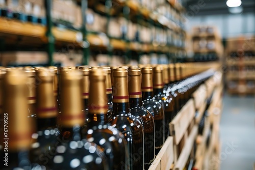 A row of wine bottles with gold tops are lined up on a wooden pallet. The bottles are all the same color and are arranged in a neat row