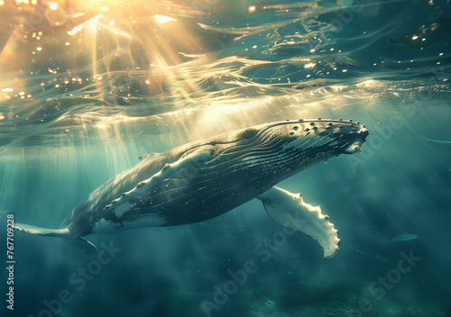 Sunlight Filtering: Depict sunlight filtering through the water's surface, casting shimmering rays onto the sea floor and illuminating the humpback whale as it swims gracefully above.
