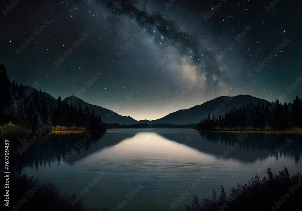 beautiful night scene of a calm lake hyper realistic illustration beautiful night scene of a calm lake hyper realistic illustration