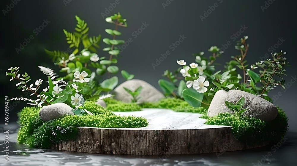 Wooden Podium with flowers, stones and plants in the blurred dark background AI generated Wooden Podium with flowers, stones and plants in the blurred dark background AI generated