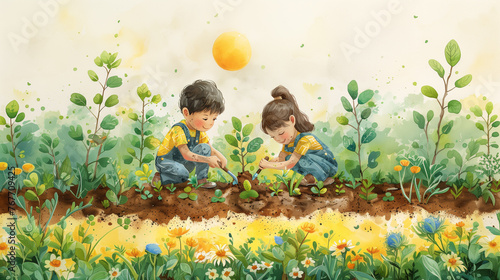 子供達一緒にに木を植えるのイラスト