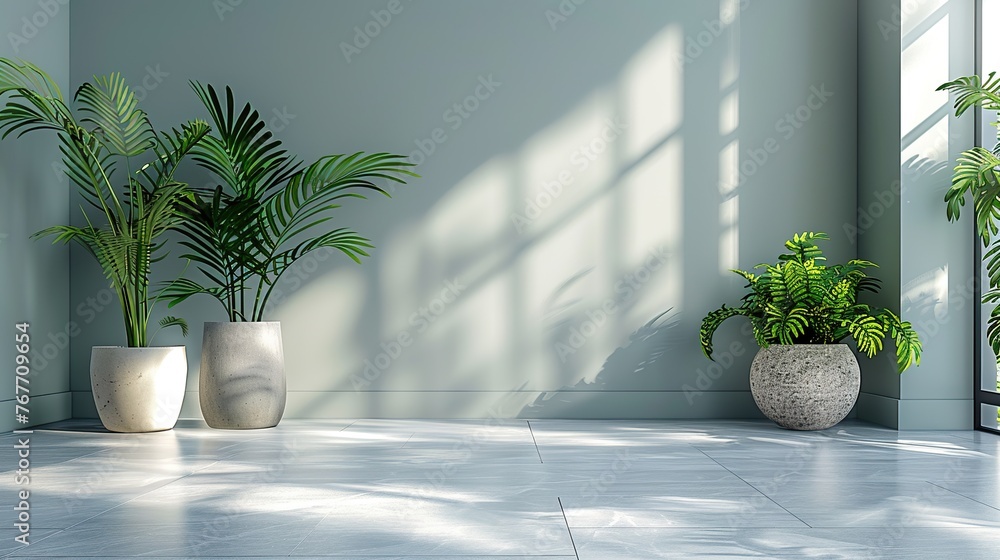 A room with two potted plants and a large window. The plants are in vases and the room is very clean and bright A room with two potted plants and a large window. The plants are in vases and the room is very clean and bright
