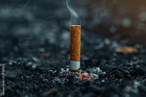 A cigarette is lit and smoking on the ground. Concept of danger and the potential harm of smoking