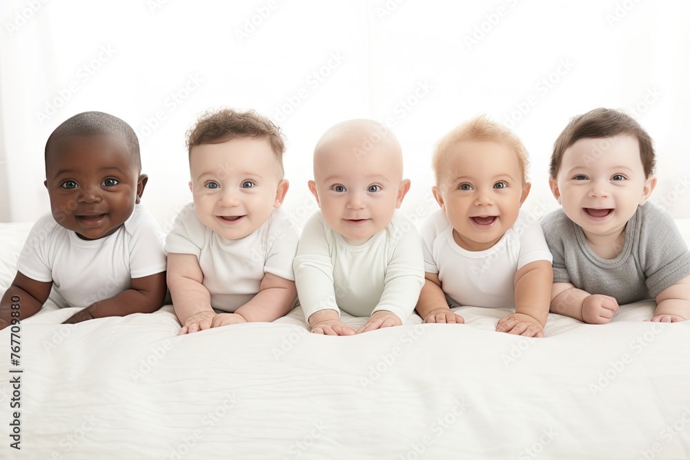 Group of diverse babies sitting on white Group of diverse babies sitting on white