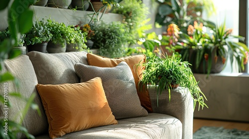 A couch with pillows and plants on it. The couch is covered in pillows and has a plant on the arm