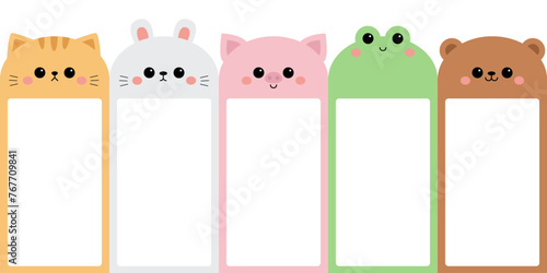 Cat kitten kitty, rabbit bunny hare, bear, pig, frog set. Paper sticker. Template for notebooks, schedule planners, checklists, cards, stationery, notepad sheet. Flat design White background Vector © worldofvector
