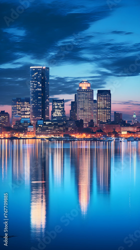 Spectacular Illuminated CT City Skyline Reflecting on Calm Waters During Evening Time