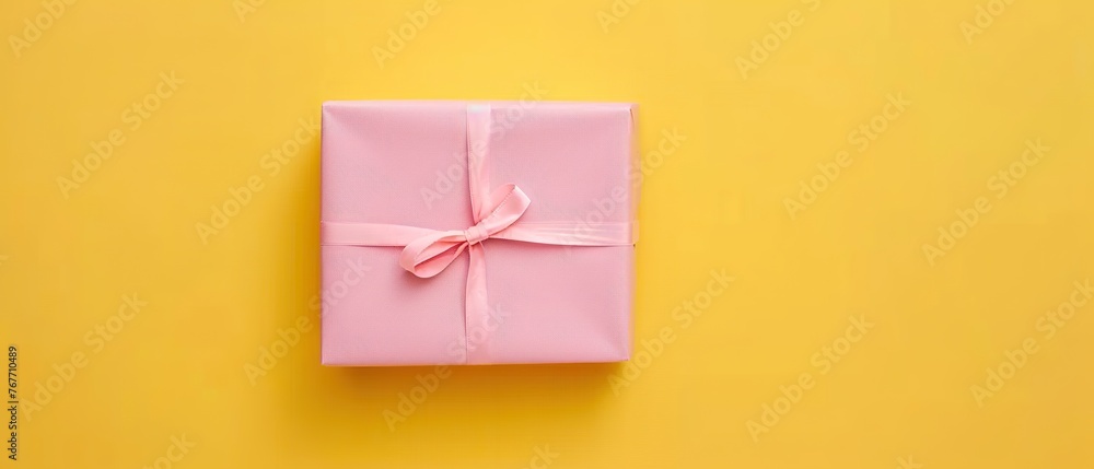 A pink gift box with a pink ribbon on top of a yellow background. The box is decorated with a bow and is placed on a table - obrazy, fototapety, plakaty 