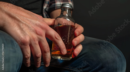 Male hand with empty bottle of strong alcoholic drink on black background, 