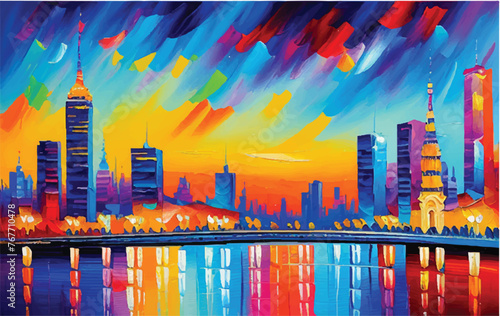 Vibrant Artwork: Acrylic Paint in a Multicolored Painting. Cityscape with abstract oil painting. A city view in oil painting. city view. A Bridge with cityscape.                       