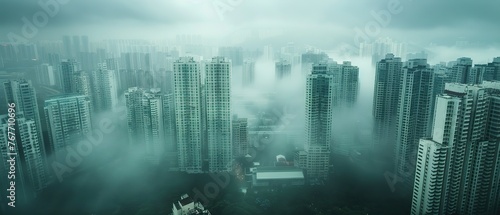 A city skyline is covered in fog, giving it a mysterious and eerie atmosphere. The buildings are tall and seem to be shrouded in mist, creating a sense of isolation and unease