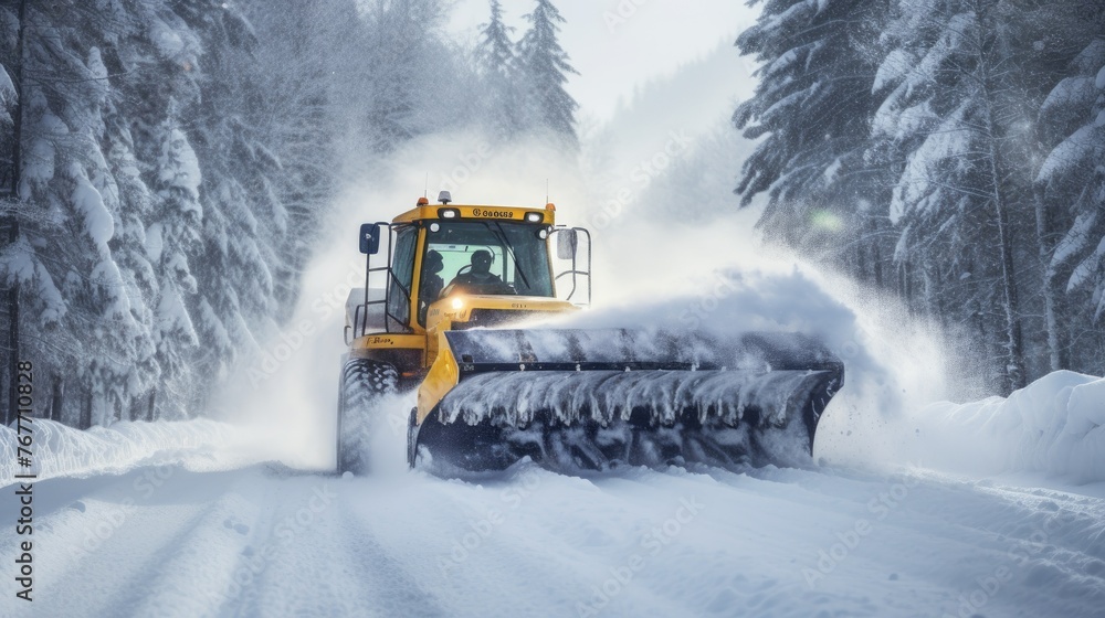 Snow plow clearing a mountain road during a heavy snowfall Snow plow clearing a mountain road during a heavy snowfall