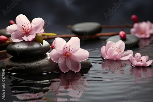 Pink flowers floating on water with spa stones for relaxation