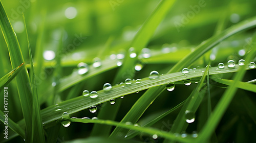 Beautiful large transparent drops of water dew on grass close upNatural background Generative AI 