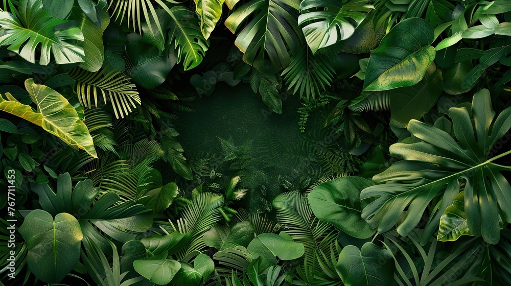 A lush green jungle with many leaves and vines. The jungle is full of life and is a beautiful and peaceful place